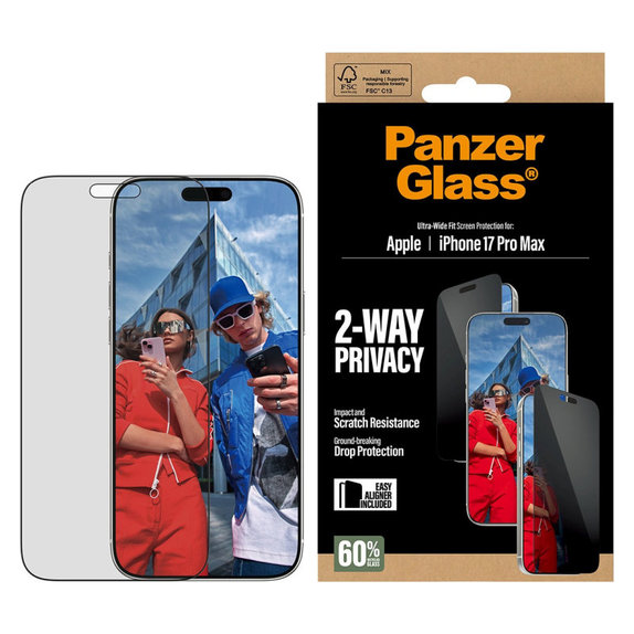 Tvrzené sklo UWF 2-Way Privacy s Fastfit pro iPhone 17 Pro Max, Černá, PanzerGlass