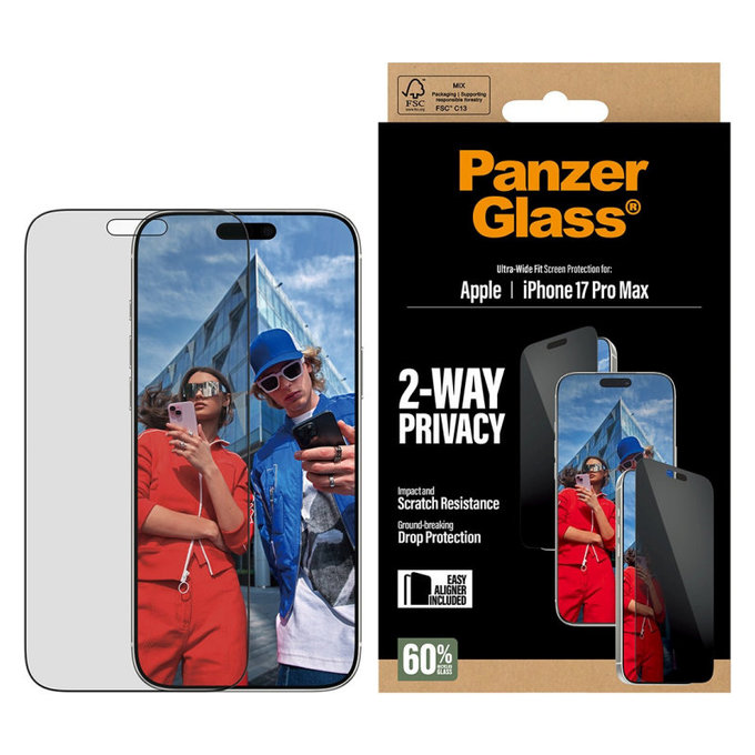 Tvrzené sklo UWF 2-Way Privacy s Fastfit pro iPhone 17 Pro Max, Černá, PanzerGlass