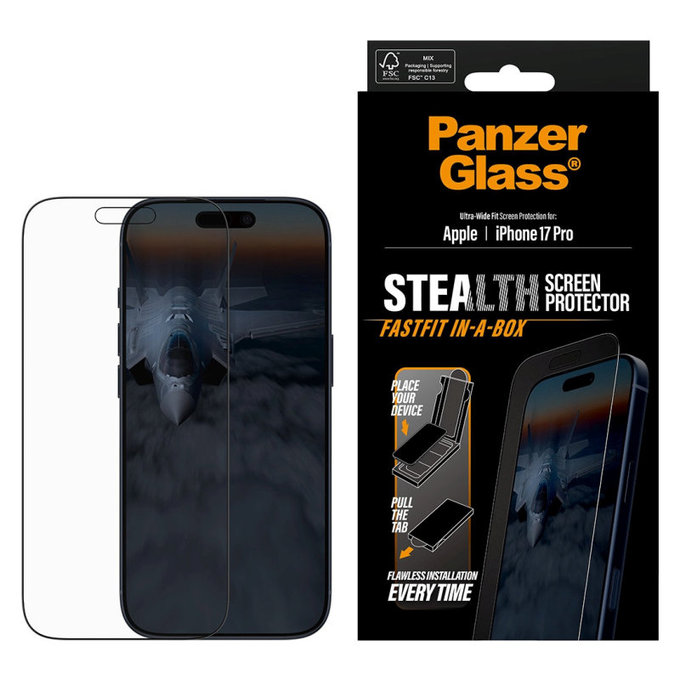 Tvrzené sklo UWF Stealth s Fastfit pro iPhone 17 Pro, Černá, PanzerGlass