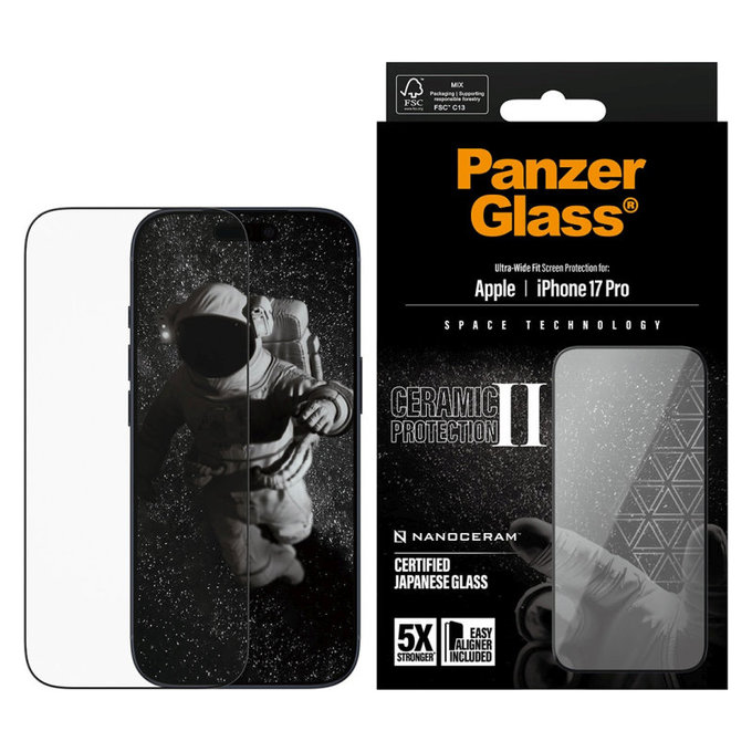 Tvrzené sklo UWF Ceramic II s aplikátorem pro iPhone 17 Pro, Černá, PanzerGlass