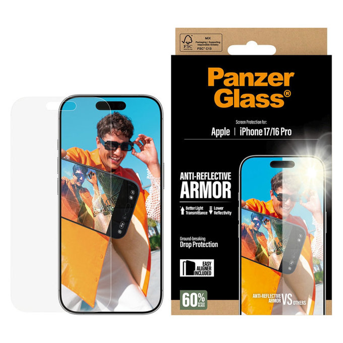 Tvrzené sklo Anti-Reflective s aplikátorem pro iPhone 17/16 Pro, Černá, PanzerGlass