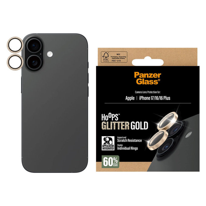 Ochranný kryt objektivu Hoops pro iPhone 17/16 Plus/16, Glitter Gold, PanzerGlass