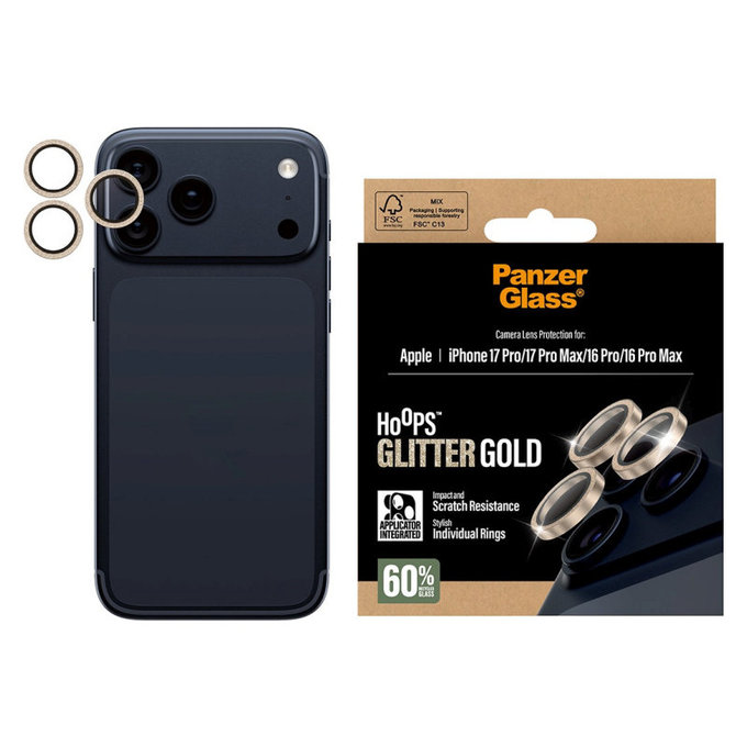 Ochranný kryt objektivu Hoops pro iPhone 17 Pro Max/17 Pro/16 Pro Max/16 Pro, Glitter Gold, PanzerGlass