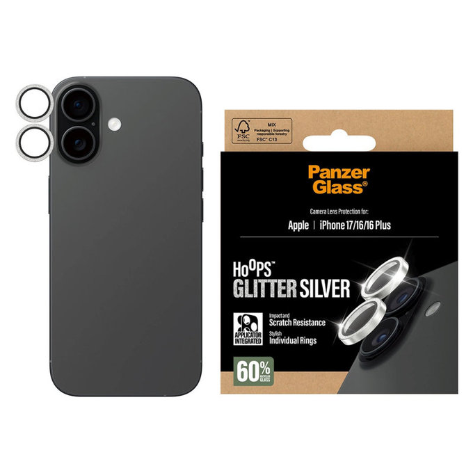 Ochranný kryt objektivu Hoops pro iPhone 17/16 Plus/16, Glitter Silver, PanzerGlass