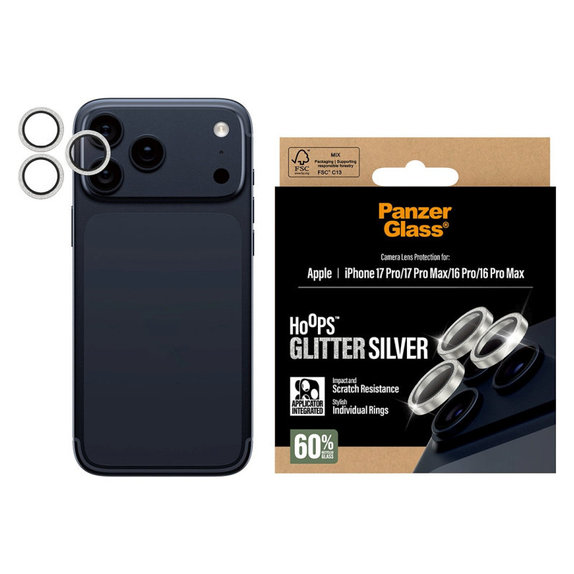 Ochranný kryt objektivu Hoops pro iPhone 17 Pro Max/17 Pro/16 Pro Max/16 Pro, Glitter Silver, PanzerGlass