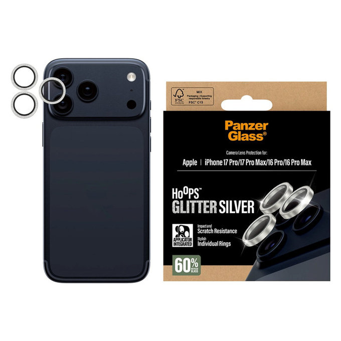 Ochranný kryt objektivu Hoops pro iPhone 17 Pro Max/17 Pro/16 Pro Max/16 Pro, Glitter Silver, PanzerGlass