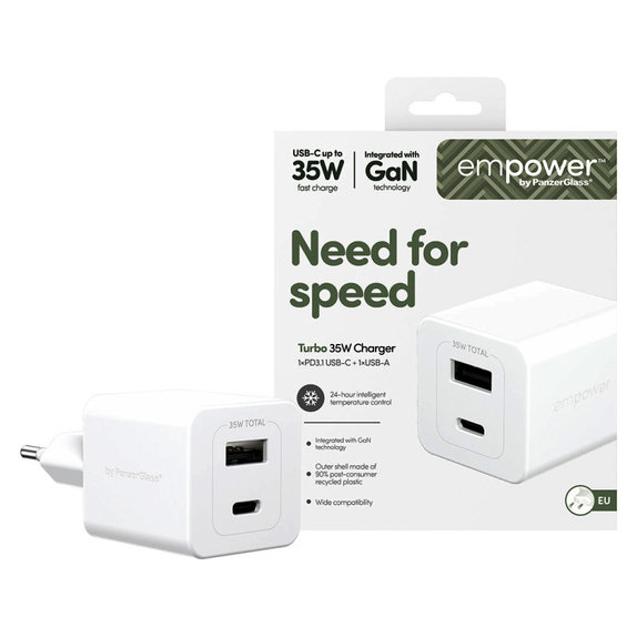 Cestovní adaptér Grand Prix USB-C/USB-A, GaN, 35 W PD, stříbrnobílý, empower