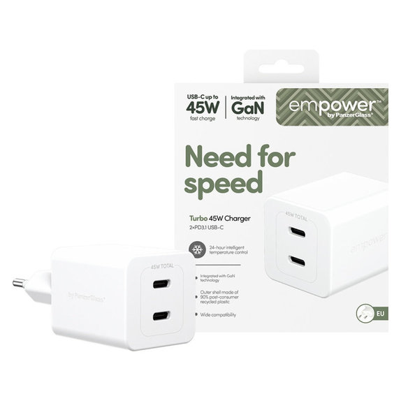Cestovní adaptér Grand Prix 2x USB-C, GaN, 45 W PD, Stříbrnobílá, empower