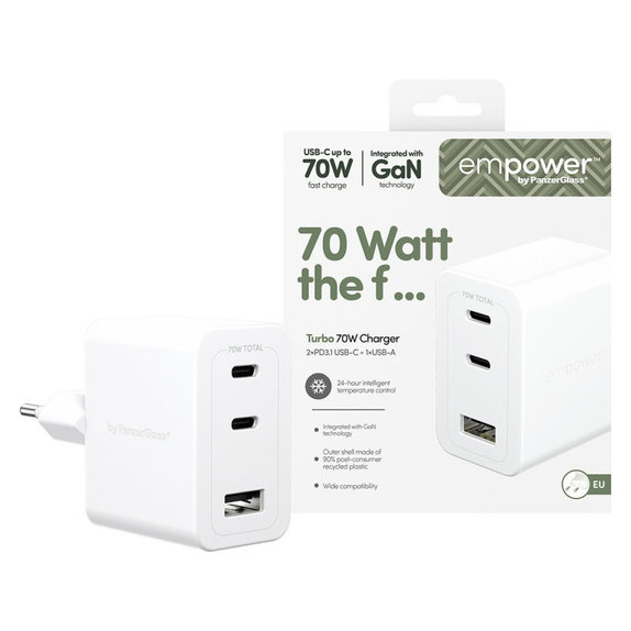 Cestovní adaptér Grand Prix 2x USB-C/USB-A, GaN, 70 W PD, Stříbrnobílá, empower