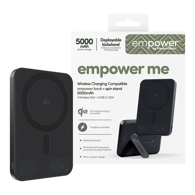 Bezdrátová PowerBank 5000 mAh s otočným stojánkem, 20 W, kompatibilní s MagSafe, Qi2/USB-C, Space Black, empower