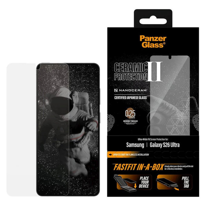 Tvrzené sklo UWF Ceramic s FASTFIT In-A-Box pro Samsung S26 Ultra, Transparentní, PanzerGlass