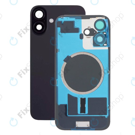 Apple iPhone 16 - Sklo Zadního Housingu + Sklíčko Kamery + Kovová Destička + Magsafe Magnet (Black)