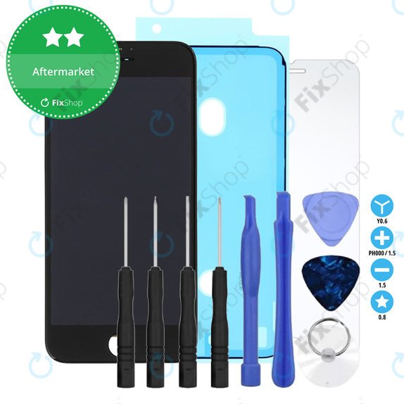Displej pro iPhone 8, SE (2020), SE (2022), Black, Dotykové sklo s rámem, Lepka (Adhesive), Tvrzené sklo, Nářadí