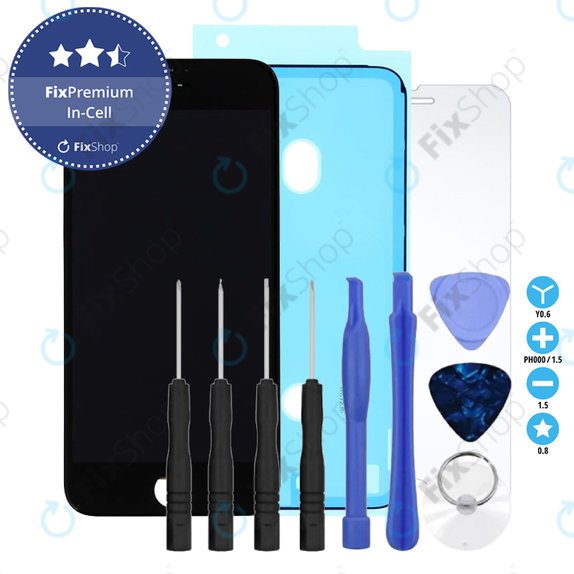 Displej In-Cell pro iPhone 8, SE (2020), SE (2022), Black, Dotykové sklo s rámem, Lepka (Adhesive), Tvrzené sklo, Nářadí, FixPremium
