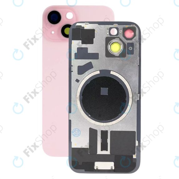 Apple iPhone 15 - Sklo Zadního Housingu + Sklíčko Kamery + Kovová Destička + Magsafe Magnet (Pink)