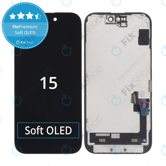 Displej Soft OLED pro iPhone 15, Dotykové sklo s rámem, FixPremium